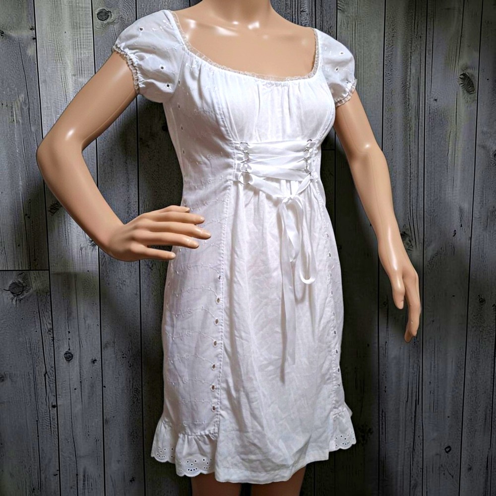 White Eyelet Babydoll Milkmaid Mini Dress Coquette Fairycore Corset Dress S